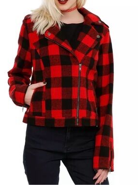 EUC Hot Topic Red & Black Buffalo Plaid Moto Jacket Juniors Size XL